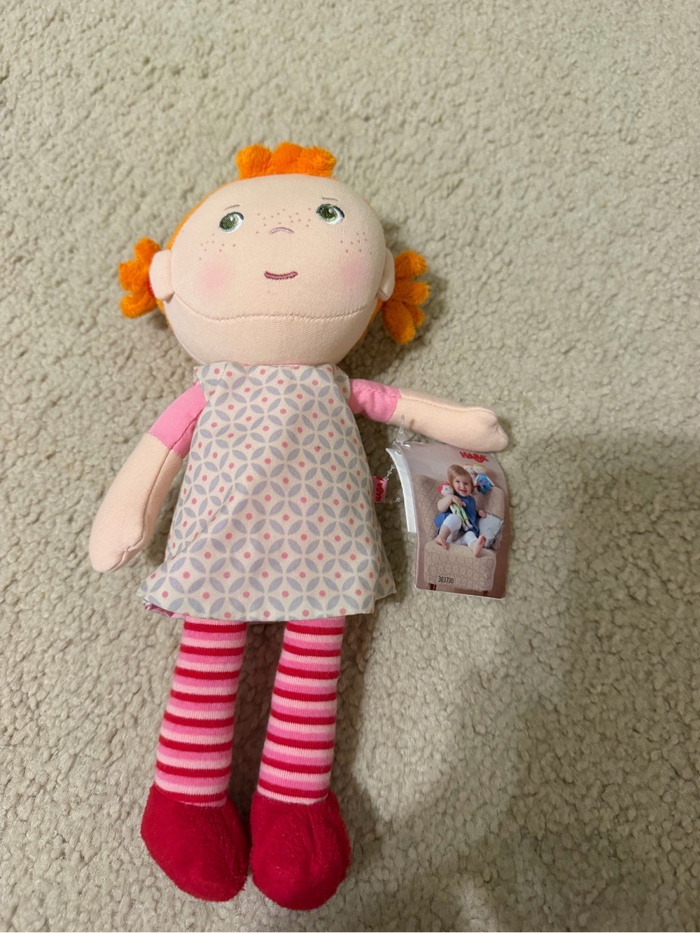 HABA Doll Red hair with Pink and White Dress and Striped Legs